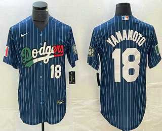 Mens Los Angeles Dodgers #18 Yoshinobu Yamamoto Number Navy Blue Pinstripe Mexico 2020 World Series Cool Base Nike Jersey